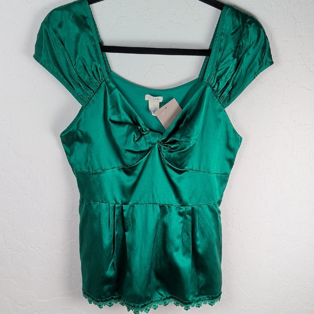 NWT Anthropologie Odille Emerald Green Satin Fitted Bodice Top Sz 8 Silk/Cotton
